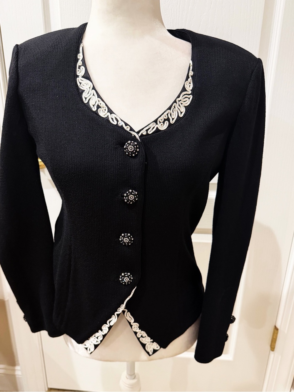 NWOT St. John Evening Jacket Embellished with White Piping and Crystal